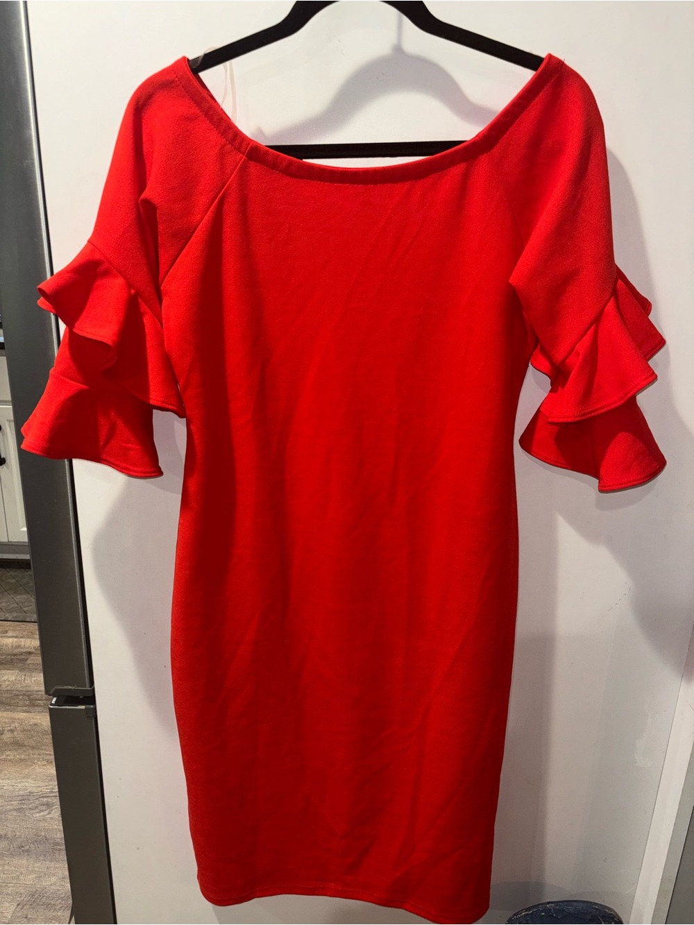 PinkBlush Red Orange Ruffle Tiered Sleeve Bodycon Dress - L